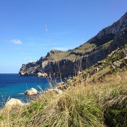 Scenic view of sea against clear blue sky