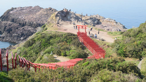High angle view of shrine on shore