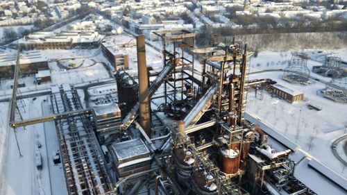 High angle view of machinery in snow