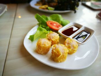 High angle view of meal served on table