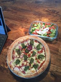 High angle view of pizza on table