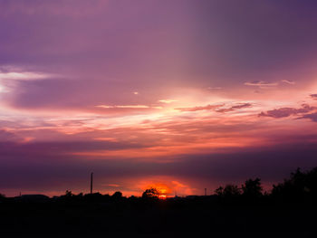 Silhouette trees on field against orange sky