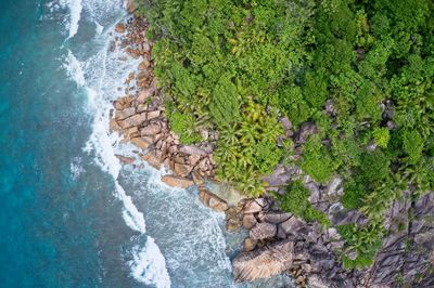 Drone field of view of waves crashing into cliffs along coastline praslin, seychelles.