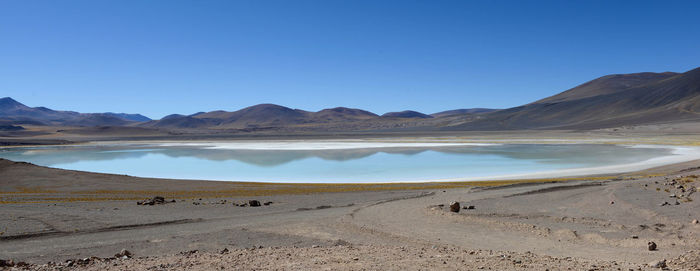 Scenic view of desert against clear blue sky