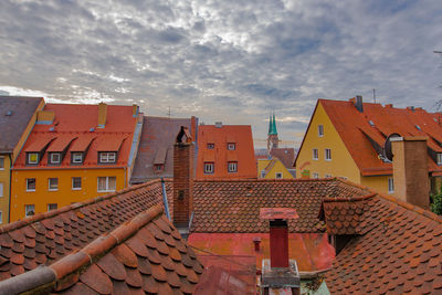 Low angle view of buildings against cloudy sky