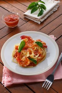 High angle view of breakfast served on table