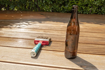 High angle view of bottles on table