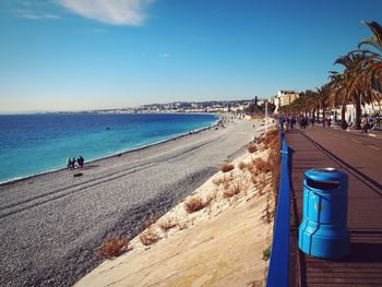 People on beach against clear blue sky