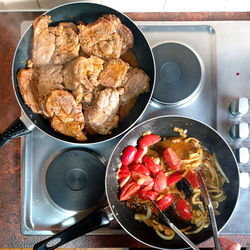 High angle view of breakfast on table