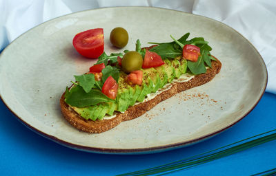 High angle view of breakfast served in plate on table