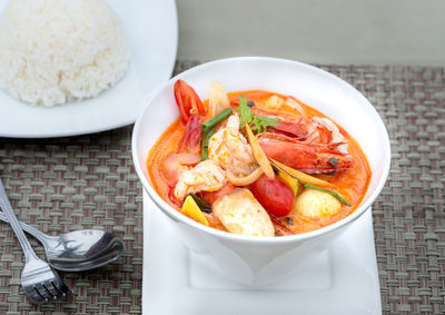 Close-up of food served on table