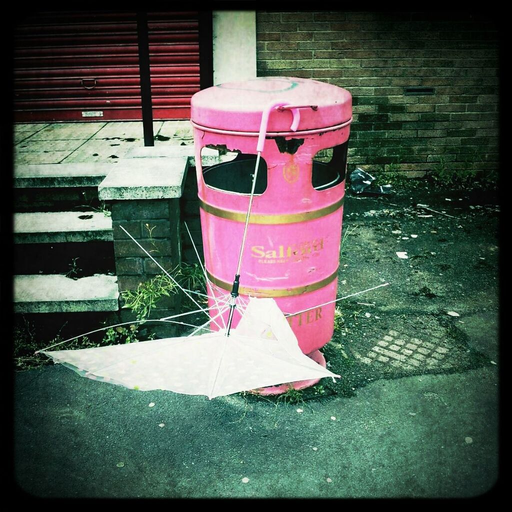 transfer print, red, auto post production filter, close-up, no people, day, still life, outdoors, food and drink, built structure, high angle view, building exterior, container, cold temperature, metal, architecture, sidewalk, abandoned, sunlight, freshness