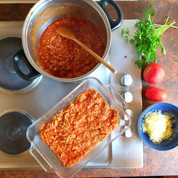 High angle view of breakfast on table