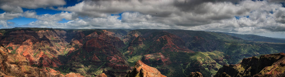 Panoramic view of mountains against cloudy sky