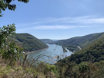 Scenic view of river amidst mountains against sky