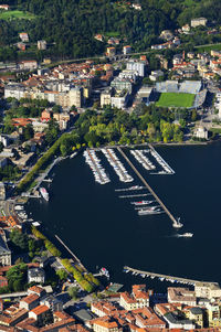 High angle view of sea against built structures