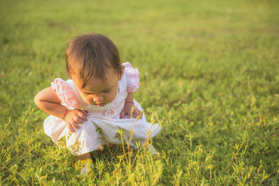 A little girl in the lawn looks at the spider closely at sunset. 