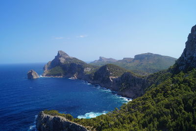 Scenic view of sea and mountains against clear blue sky