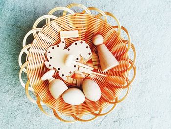 High angle view of wicker basket on table