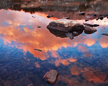 Reflection of rocks in lake during sunset