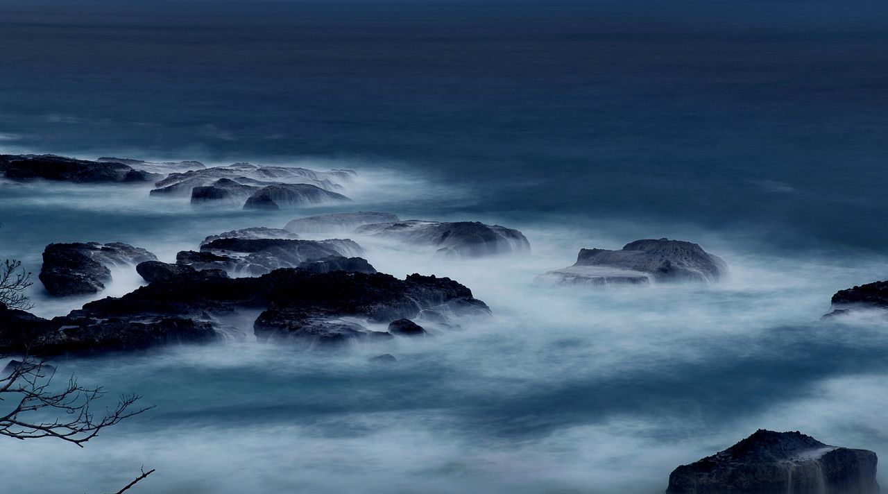 water, scenics, beauty in nature, power in nature, nature, rock - object, motion, rock formation, surf, sea, tranquil scene, waterfall, sky, long exposure, tranquility, idyllic, physical geography, majestic, wave, geology