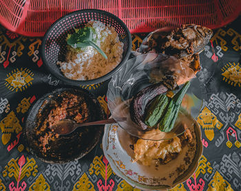 High angle view of food on table