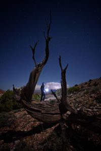 Man holding flashlight standing on field against sky during night