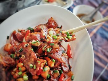 High angle view of meal served in bowl