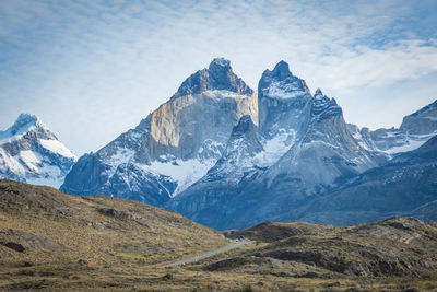 Scenic view of snowcapped mountains against sky