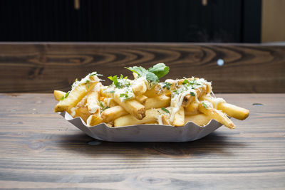 High angle view of food in plate on table