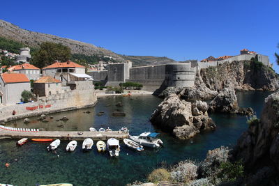 View of harbor against clear blue sky