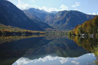 Wonderful autumn view of the beautiful bohinj lake with stunning transparent water.