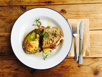High angle view of breakfast in plate on table