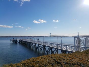 Bridge over calm river against sky