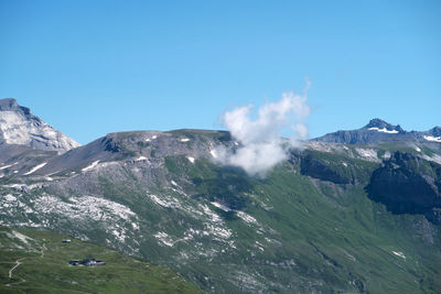 Scenic view of snowcapped mountains against clear sky