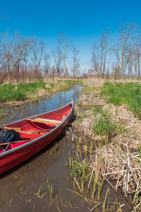 Canoe moored on a swamp field against sky