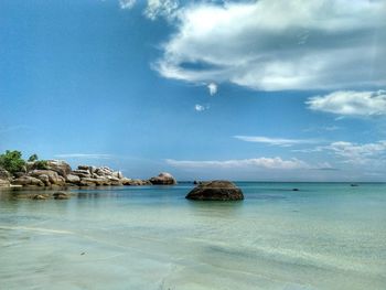 Scenic view of sea against blue sky