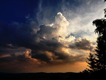 Low angle view of silhouette trees against dramatic sky