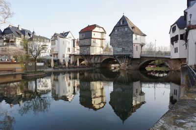 Reflection of buildings in lake against sky