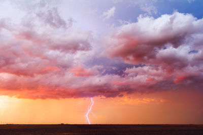 Lightning strikes through a colorful sunset sky near booker, texas.