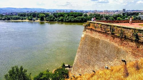 High angle view of lake against sky