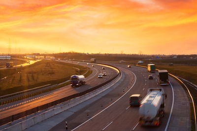 High angle view of highway at sunset