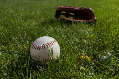 Close-up of ball and baseball glove on field