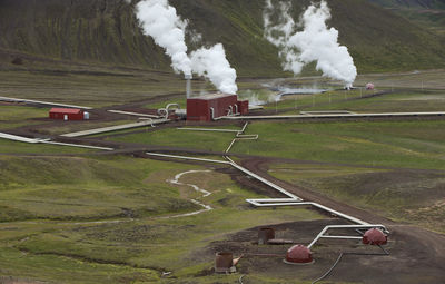 High angle view of train on field