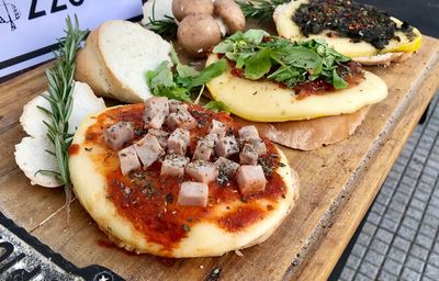 High angle view of pizza on table