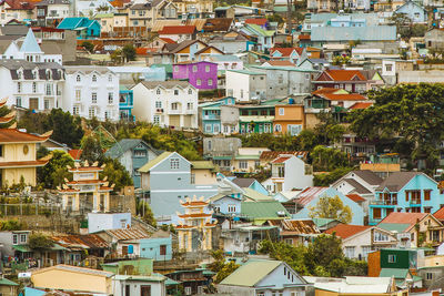 High angle view of buildings in town