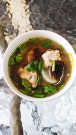 High angle view of soup in bowl on table