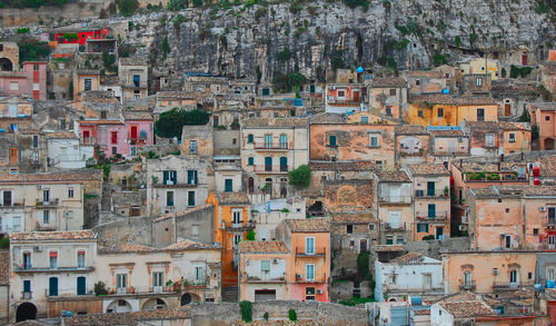 High angle view of residential buildings in city