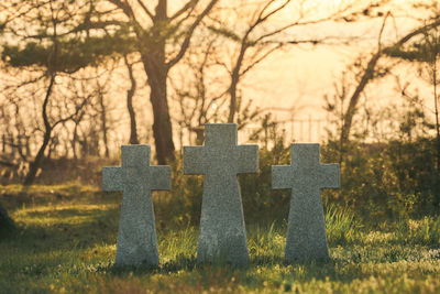 Three catholic stone crosses on green grass at sunset in german military cemetery in europe