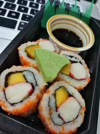 High angle view of sushi served in tray